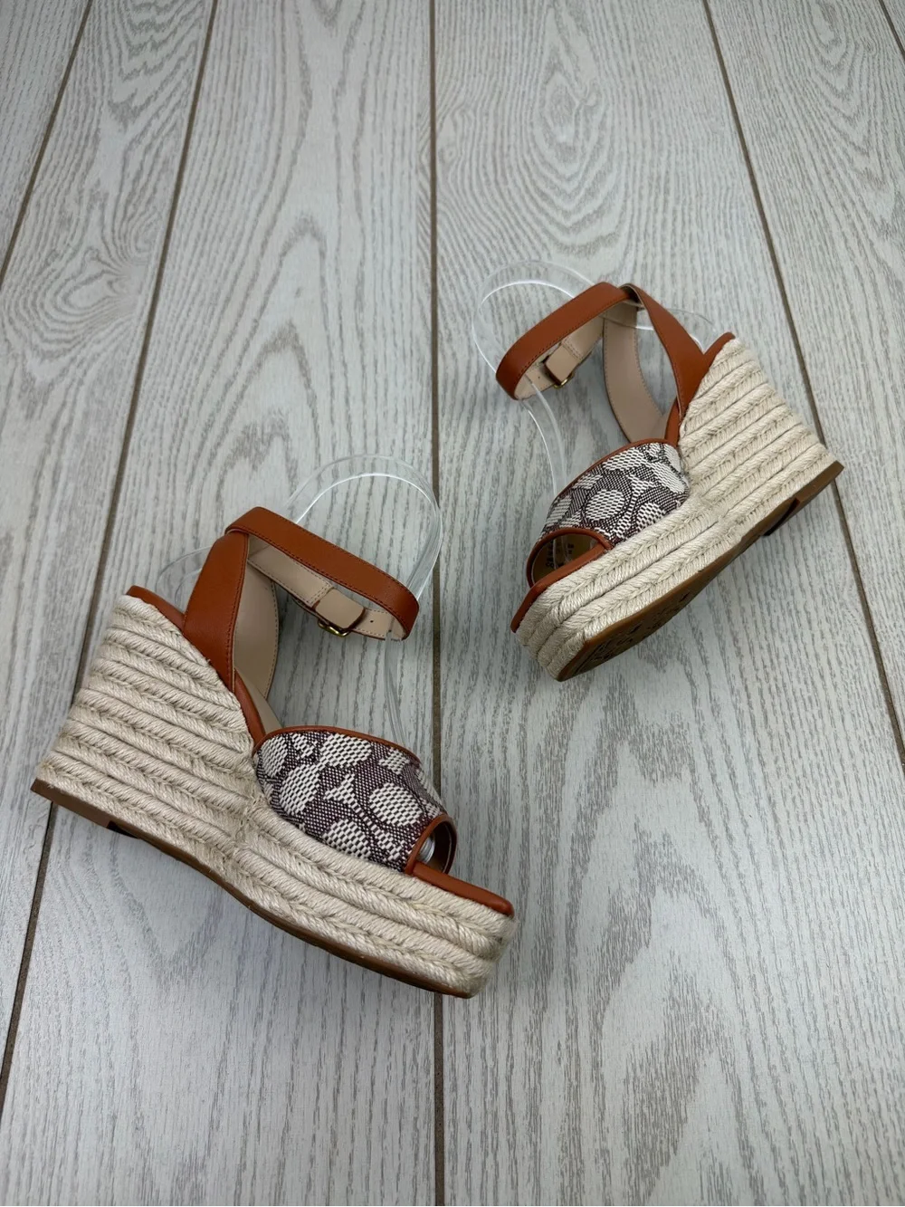 Coach Women's Signature Jacquard Espadrille Wedge Sandals 6.5B Cocoa Amber $175